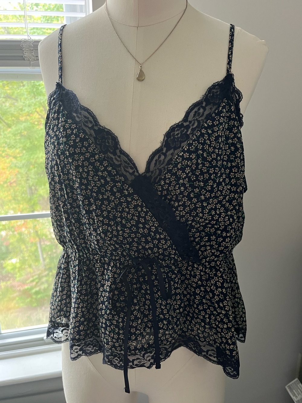 American Eagle Floral Navy Lace Trim Cami Top